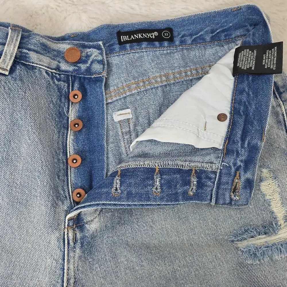 Blank NYC The Barrow Distressed High Waisted Cut Off Denim Shorts Blue Wash 32